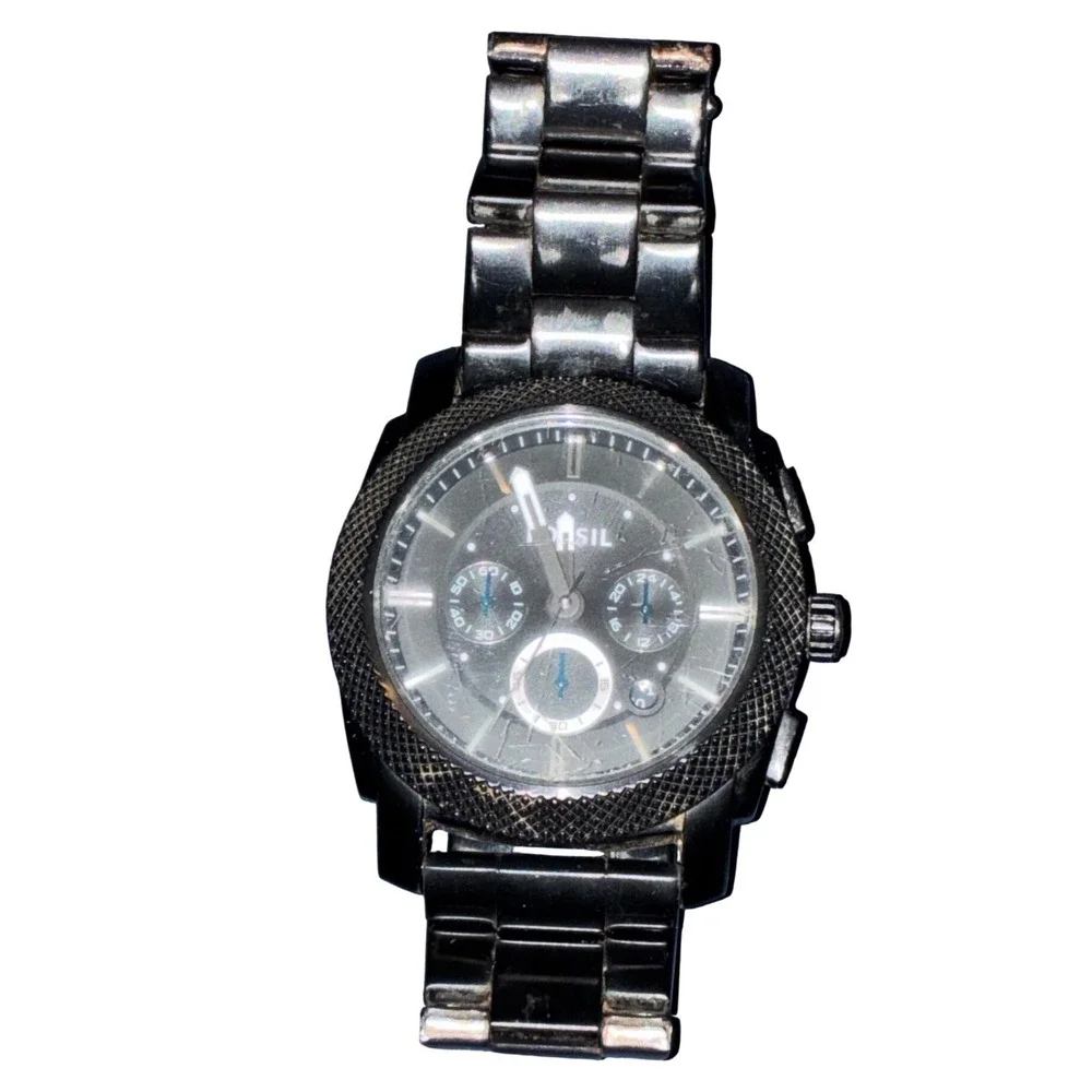 Fossil Machine Black Stainless Steel Chronograph Mens Watch Textured Bezel